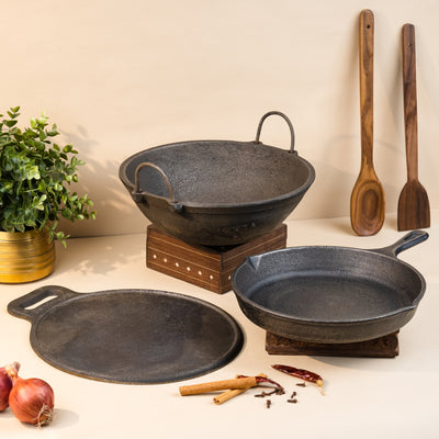 Cast Iron Cookware Set: Dosa Pan 10" + Mini Kadai 8"+ Fry/skillet Pan 6"
