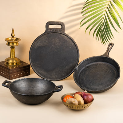Cast Iron Cookware Set: Dosa Pan 10" + Flat Bottom Kadai 9"+ Fry/skillet Pan 6"