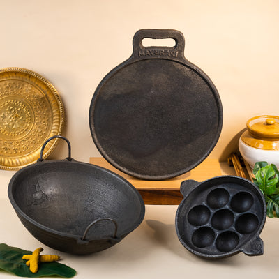 Cast Iron Cookware Set: Dosa Pan 10" + Flat Bottom + Fry/skillet Pan 6"