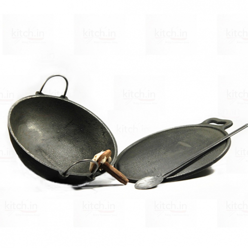 GetKitch.in Cast-Iron Starter Set of 2 - Includes 1 Cast Iron Kadai and 1 Cast Iron Dosa Pan, perfect for cooking traditional Indian dishes. Made of durable cast iron, suitable for all stovetops and oven use. Great for cooking at high temperatures and achieving a perfect sear.